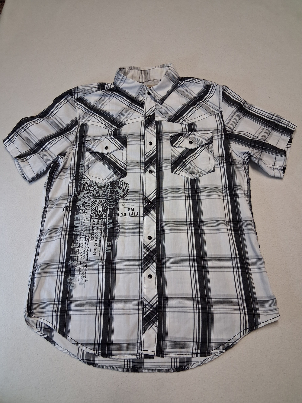 Machine Wsstern Grunge Men's Black & White Plaid Short-Sleeve Button-Up Shirt